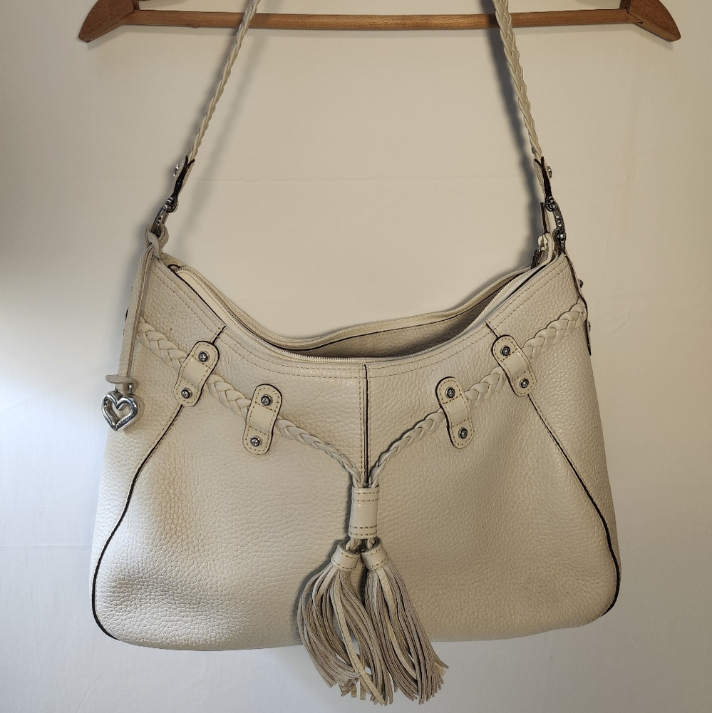 Brighton Ivory Pebbled Leather Hobo Shoulder Bag Braided Tassel Heart Charm